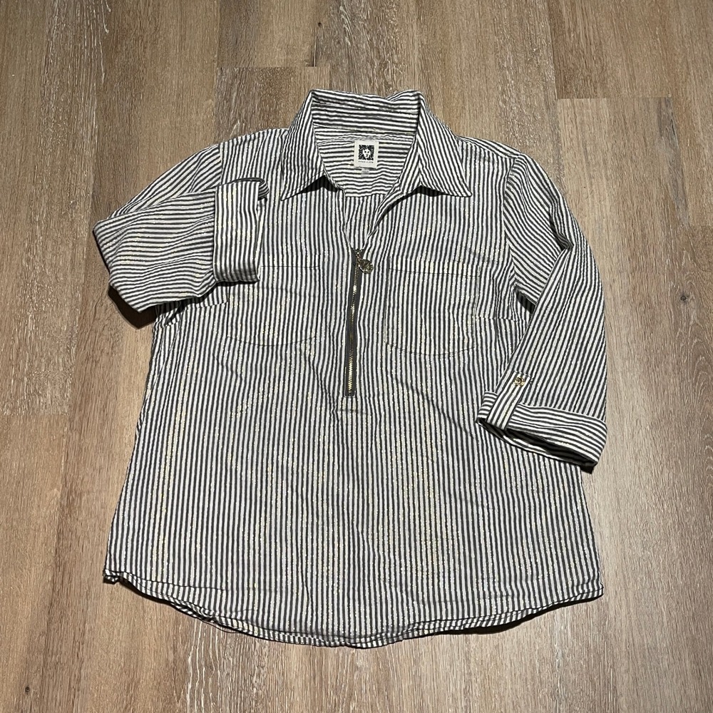 Anne Klein Striped Metallic Seersucker Blouse‎ Top 3/4 Sleeve Zip Front Women M